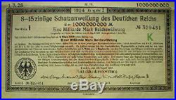 1 Billion 1.000.000.000 Mark German Government Trasury Loan 1923 uncanc +coupons