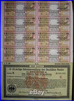10 Billion 10.000.000.000 Mark German Government Treasury Loan 1923 unc+ coupons