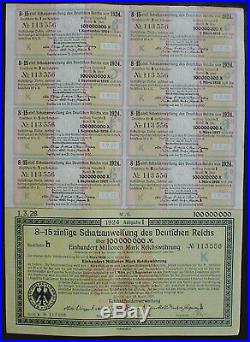 100 Million 100000000Mark German Government Treasury Loan Berlin 1923 unc coupon