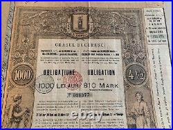 1000 Lei AUR 1898 GOLD Bucharest Romania Bond Stock Certificate uncancelled