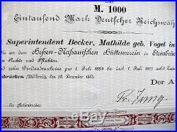 1000 M. Namens-Aktie Actie Hessisch-Nassauischer Hüttenverein v. 1882 -Nr. 2025