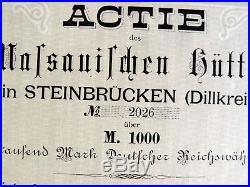 1000 M. Namens-Aktie Actie Hessisch-Nassauischer Hüttenverein v. 1882 -Nr. 2026