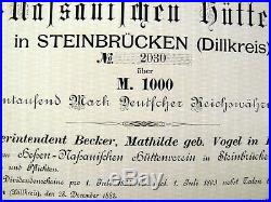 1000 M. Namens-Aktie Actie Hessisch-Nassauischer Hüttenverein v. 1882 -Nr. 2030