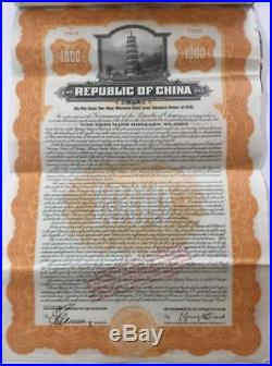 $1000 Republic of China Gold Bond Certificate Treasury Note 1919 with 2 Coupon S