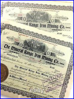 15 Mineral Range Iron Mining Co Shares Stock Certificates Ontario Q611