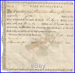 1795 Bank Of Columbia Stock Certificate