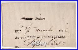 1806 Bank of Pennsylvania Promissory Note, Stephen Girard