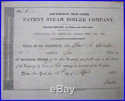 1836 Stock Certificate Goulding's Patent Steam Boiler NUMBER #1 New York NY