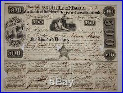 1840 $500 Republic of Texas Certificate of Stock in 10% Consolidated Fund