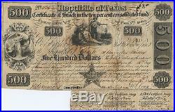 1840 Republic of Texas, Austin $500 Consolidated Fund Stock Certificate