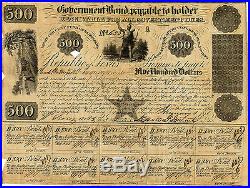 1841 Republic of Texas $500 Bond Certificate David G. Burnet