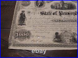 1852 Pennsylvania North Branch Canal Loan Stock Certificate $1000 Gov. Bigler