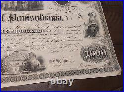 1852 Pennsylvania North Branch Canal Loan Stock Certificate $1000 Gov. Bigler