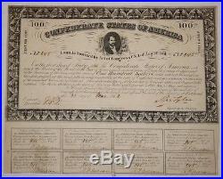 1862 $100 Confederate States of America Loan Auth by Act of Congress Certificate