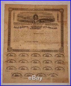 1862 $100 Confederate States of America Loan Authorized by Congress Certificate