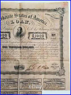 1863 $1000 The Confederate States of America Stonewall War Bond with 7 Coupons