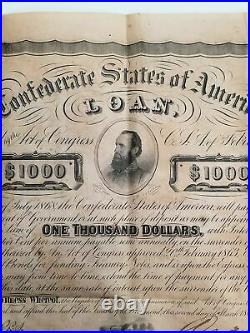 1863 $1000 The Confederate States of America Stonewall War Bond with 7 Coupons