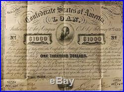 1863 $1000 The Confederate States of America War Bond with 7 Coupons