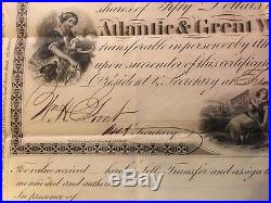 1863 ATLANTIC & GREAT WESTERN RAILROAD STOCK CERTIFICATE Marvin Kent, Oh signed