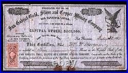 1863 San Gabriel Gold Silver and Copper Mining Stock Certificate La Paz Mexico