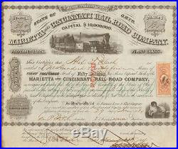 1864 Marietta Cincinnati RailRoad Ohio railroad stock certificate 1st withgreen