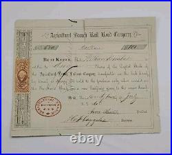 1865 Agricultural Branch Rail Road Stock Certificate #580 Issued To William K