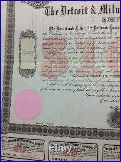 1866 US Stock Bond Certificate Detroit & Milwaukee Railroad Co, Michigan