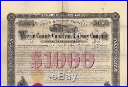 1867 State of West Virginia $1000 Wayne County Coal & Iron Railway Co. Bond