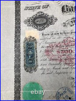 1867 US Stock Bond Railroad Certificate State of Michigan Bay County $500