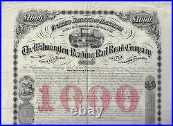 1868 PENNSYLVANIA & DELAWAR Wilmington & Reading Railway Bond Stock Certificate