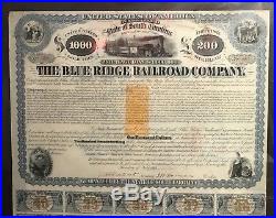 1868 The Blue Ridge Railroad Company Mortgage Bond Stock Certificate $1000 SC