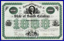 1869 State of South Carolina $1000 Bond, signed Robert Kingston Scott with coupons