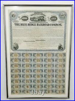 1869 The Blue Ridge Railroad Company Mortgage Bond Stock Certificate $1000 Sc