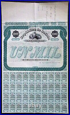 1870 La Paz de Ayacucho, Bolivia Republica de Bolivia 1000 Pesos with coupons