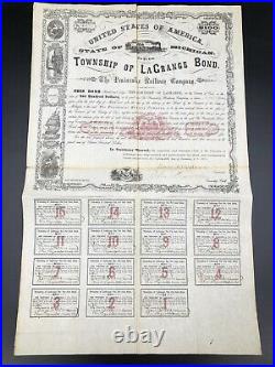 1870 US Stock Bond Certificate Michigan, Township of LaGrange Peninsular Railway
