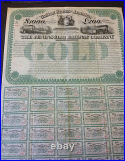 1870 US Stock Bond Certificate Peninsular Railway Company $1000 MI IN IL