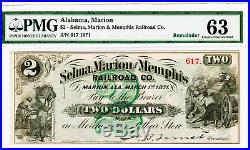 1871 $2 Selma Marion Memphis Railroad Alabama-forrest Signature Cu63 Pmg