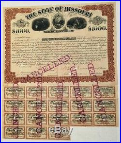 1872 $1000 Missouri State University Bond Signed Governor Brown (1 of 200)