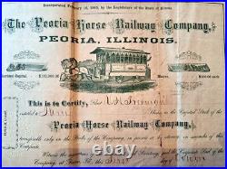1872 Peoria IL Horse Railway Co Stock Certificate No 85 Robert G Ingersoll Owner