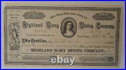 1875 Port Wine Sierra CA Highland Mary Mining Bacon Printer Stock Certificate