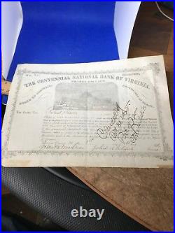 1876 Stock Certificate The Centennial National Bank Of Virginia Ultra Rare Piece