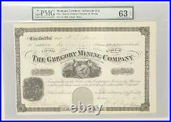 1876 THE GREGORY MINING COMPANY Stock Jefferson City Montana Territory PMG 63