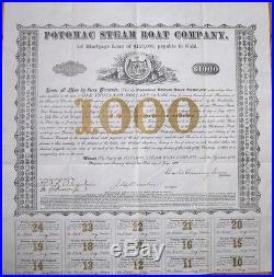 1878 $1000 Gold Bond Certificate'Potomac Steam Boat Company' Virginia