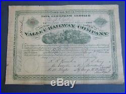 1882 VALLEY RAILWAY CO. Stock Certificate OHIO RAILROAD Signed FLAGLER / WADE
