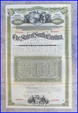 1887 $500 State of SOUTH CAROLINA bond SPECIMEN