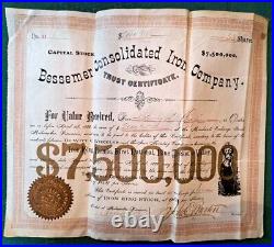 1887 Bessemer MI Consolidated Iron Company Stock Certificate John E Burton $2000