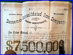 1887 Bessemer MI Consolidated Iron Company Stock Certificate John E Burton $2000