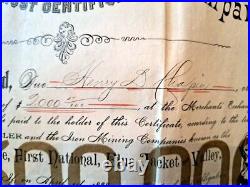 1887 Bessemer MI Consolidated Iron Company Stock Certificate John E Burton $2000