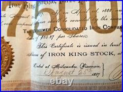 1887 Bessemer MI Consolidated Iron Company Stock Certificate John E Burton $2000