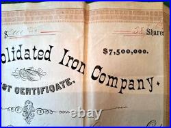 1887 Bessemer MI Consolidated Iron Company Stock Certificate John E Burton $2000